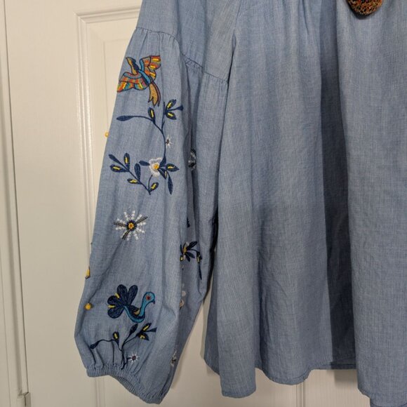 Crown & Ivy Embroidered Shirt Womens Size Medium Blue Floral Bird Beaded Tassels - Picture 3 of 14